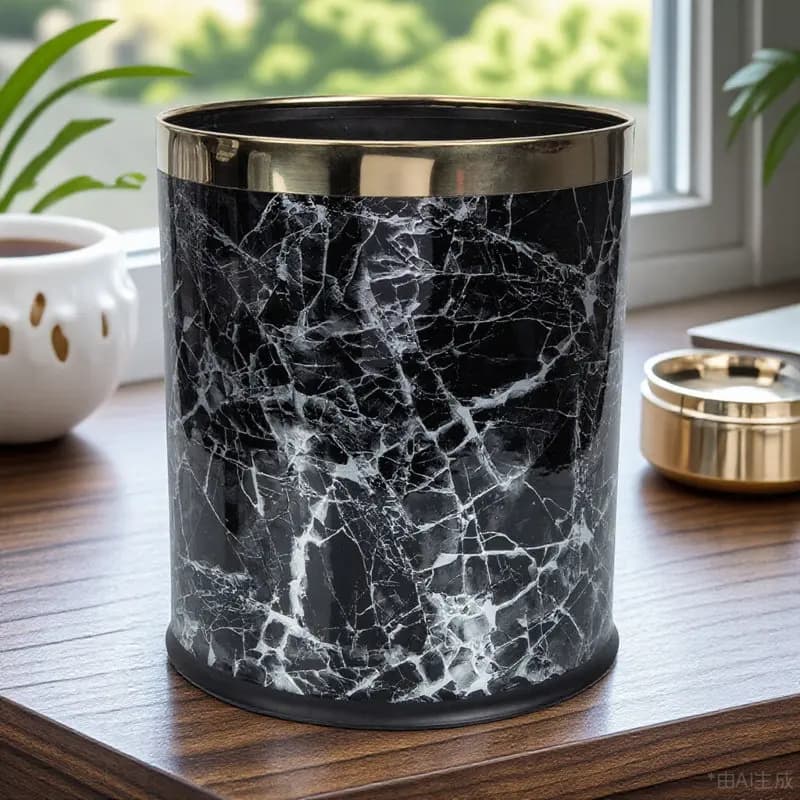 Cestino per Rifiuti Rotondo Effetto Marmo Senza Coperchio per Casa e Ufficio, Base Compatta Antiscivolo, Design Ispirato al Marmo