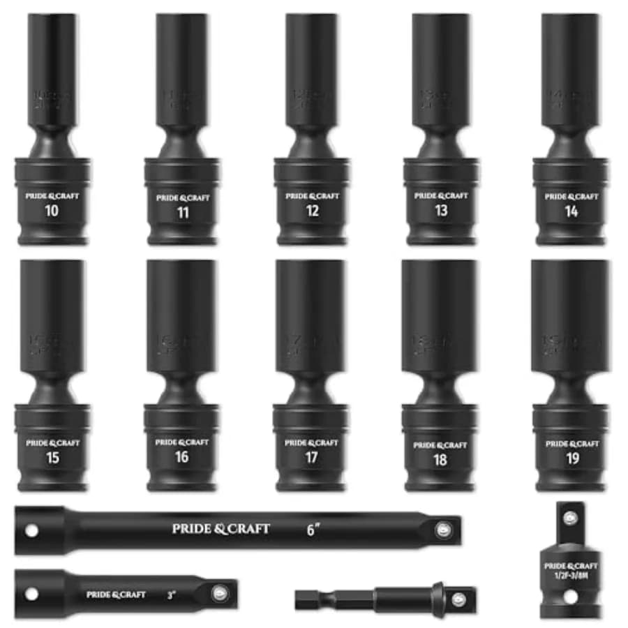 Set di Chiavi a Bussola Universali Profonde da 3/8'' (14 Pezzi) in Acciaio Cr-Mo, Accessori per Utensili Pneumatici per Settore Automobilistico e Macchinari, Universali a 6 Punte