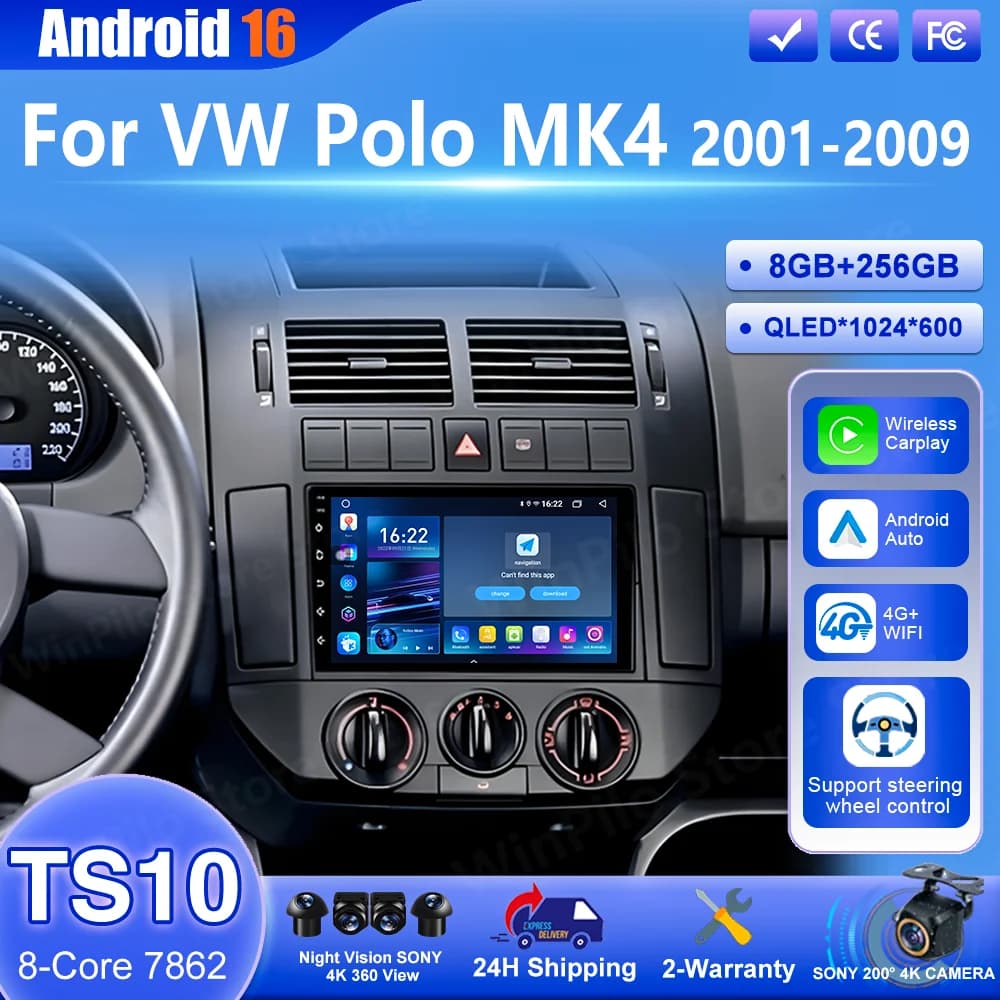 Android 16 Car Radio CarPlay For VW Polo MK4 2001 2002 2003 2004 2005 2006 2007 2008 2009 Auto Multimedia Player GPS Navigation