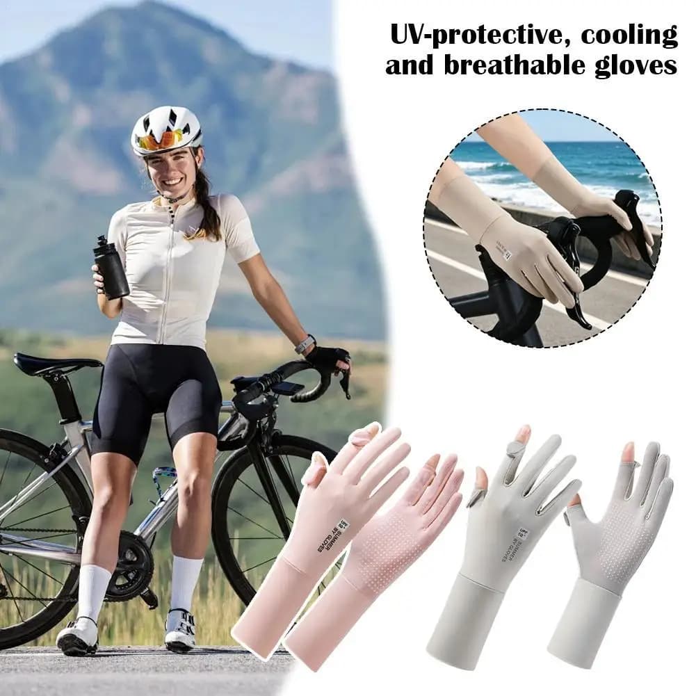 UPF50+ Ice Silk Sunscreen Gloves Women Breathable Cooling UV Protection Long Gloves Flip Finger Design Non-Slip Driving Cycling