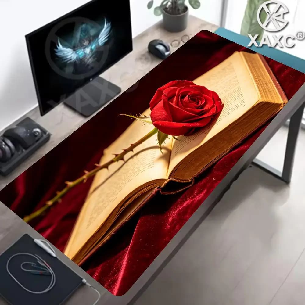 Vintage Rose & Book Desk Mat, 90x40cm Large Gaming Mouse Pad, Aesthetic Dark Academia Desk Accessories for Office/Home XAXC