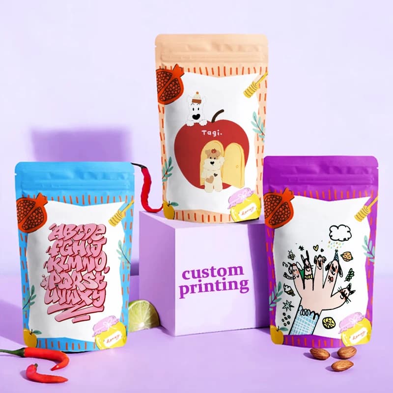 Borsa in foglio di alluminio Borsa con cerniera in piedi personalizzata a colori, stampa per snack per animali domestici, frutta secca, biscotti, custodia per imballaggio di noci