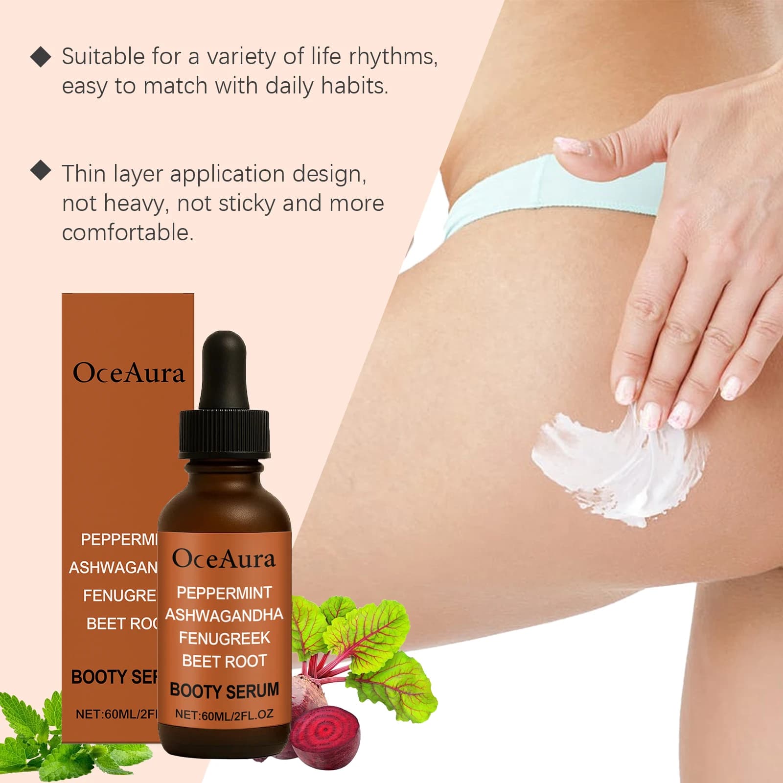 Olio Essenziale Rassodante e Volumizzante per Glutei da 60ml per Donne, per la Crescita e il Rassodamento dei Fianchi, Modellante, per una Pelle del Corpo Sexy, Migliora il Volume dei Glutei