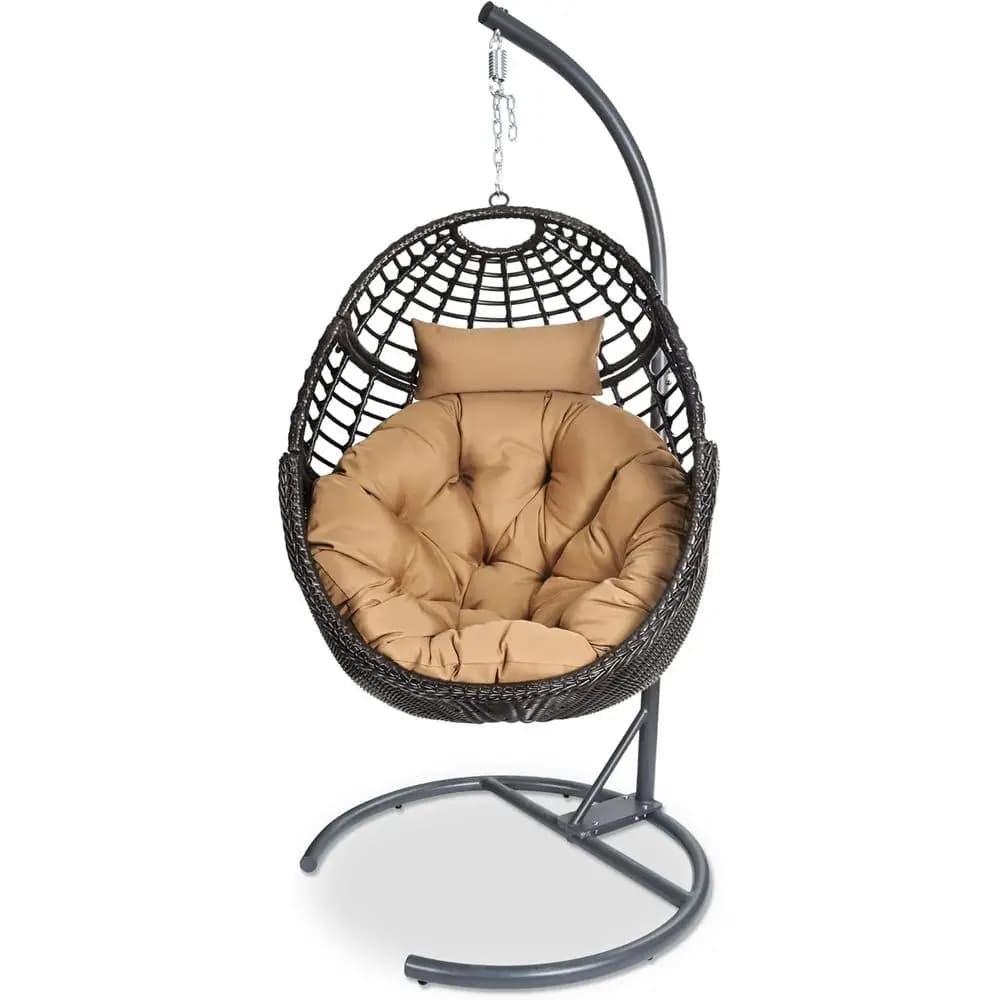 Rattan outdoor swing chair with support and cushion, up to 330 pounds, ideal for patio, garden or bedroom - Brown