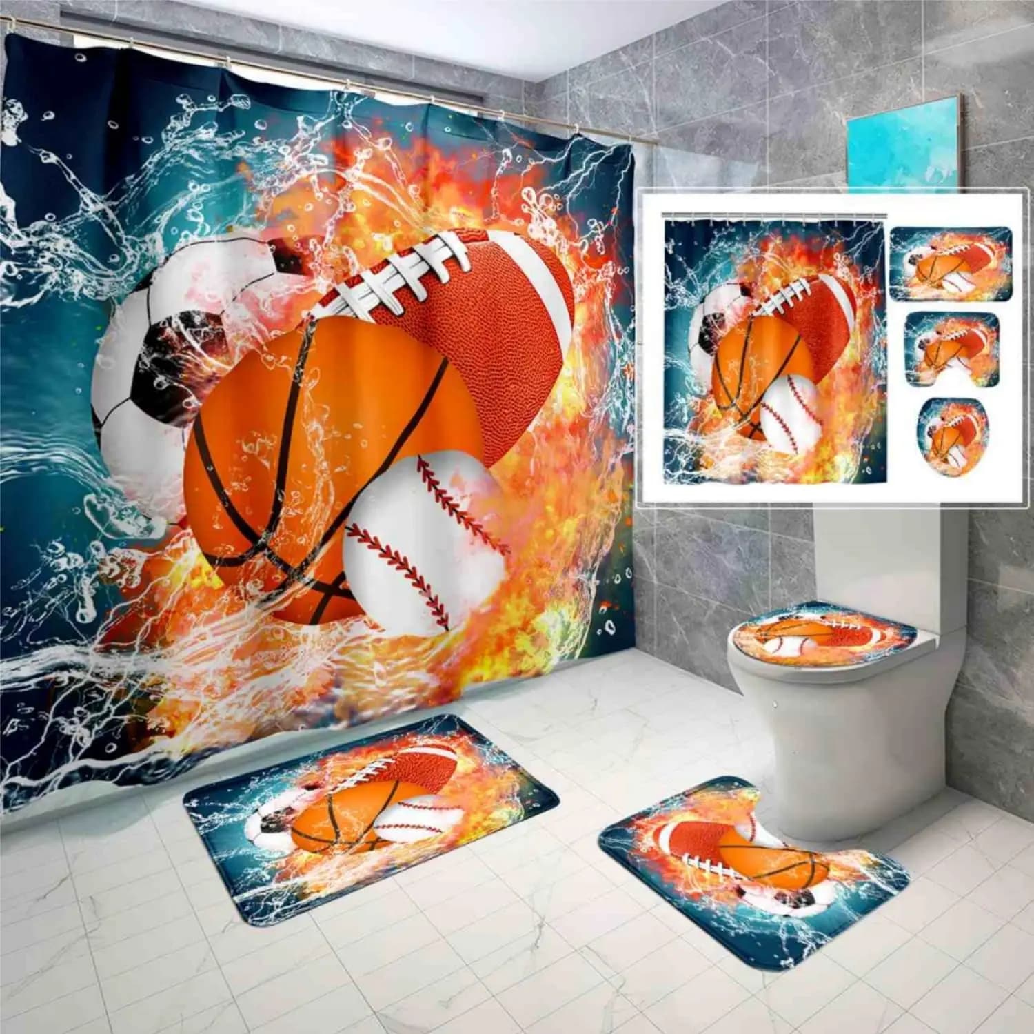 4 pezzi calcio baseball sport basket tenda da doccia vestito ragazzi decorazione del bagno con tappeto copriwater e tappetino da bagno