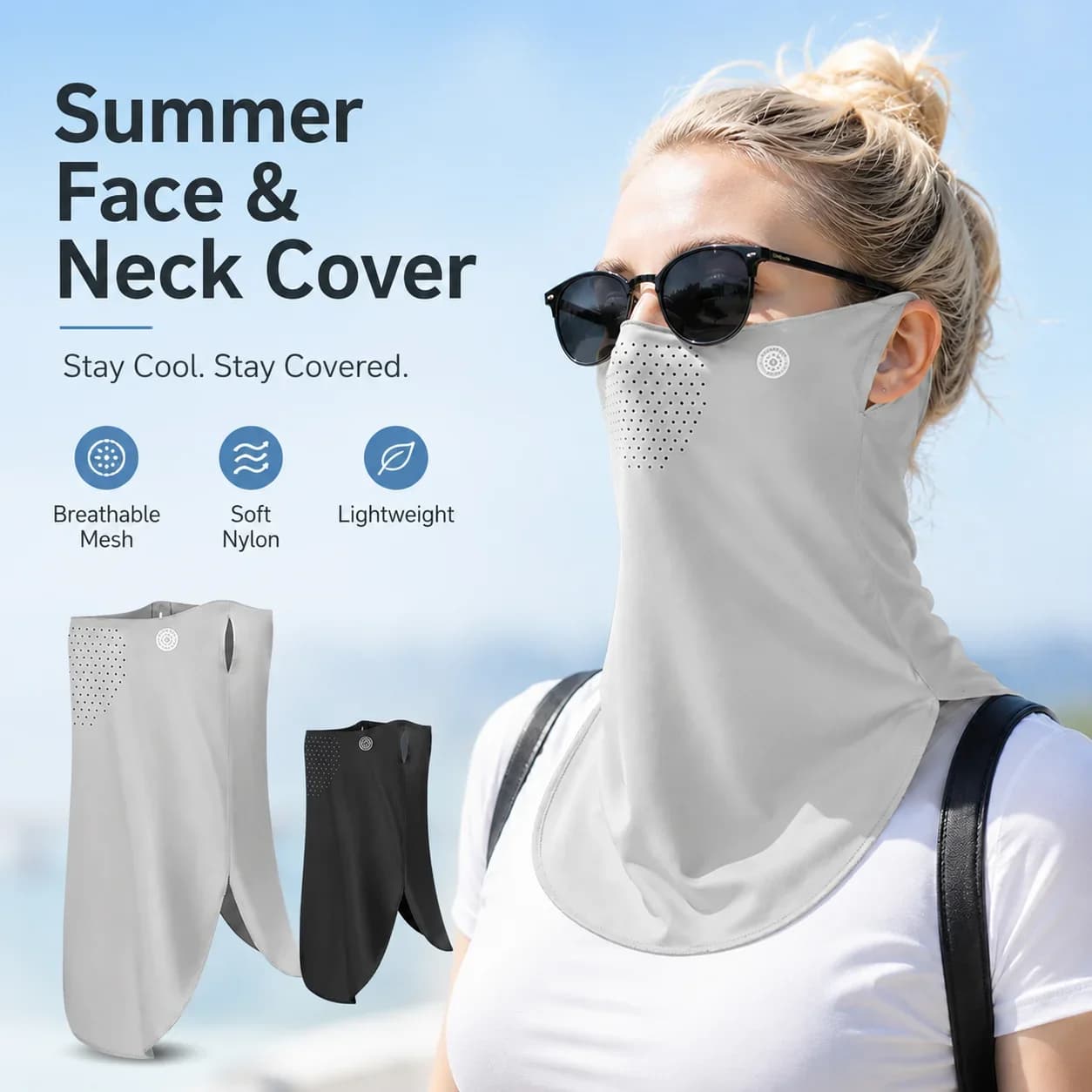 Nylon Sun Face Cover Breathable Cooling Neck Gaiter Ear Loop UV Protection Mask for Women Men Summer Cycling Outdoor Sports Use