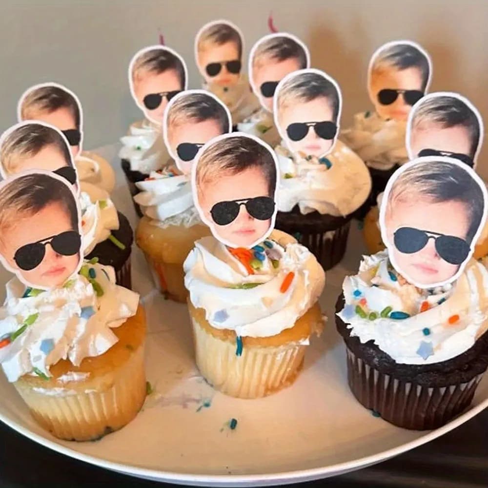 10/20/30pcs Custom Photo Face Cake Toppers, Personalized Fun Portraits, Cartoons and Pets, Your Own Design Photo Cake Hats