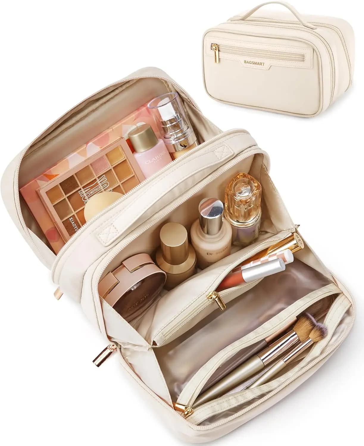 Travel bag for makeup with multiple compartments, durable cosmetic organizer for women in beige