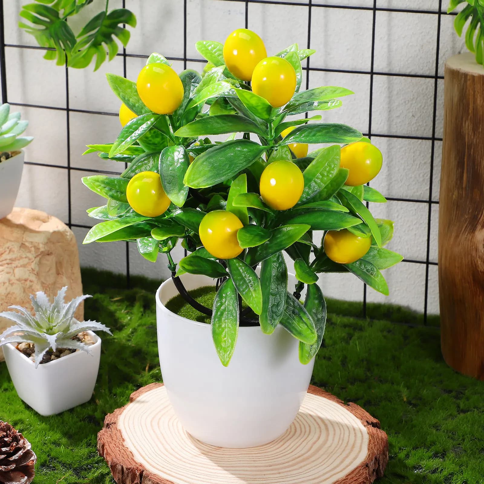 Realistic Bonsai of Artificial Lemon in Vase, Small Fin Plant for Interior Decoration, Desk, Living Room, Office, House, Gift