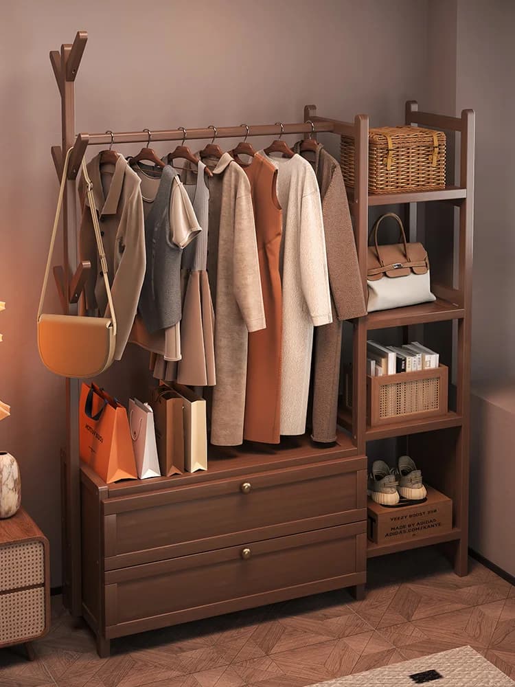 Wooden hanger reinforced by interior, self-supporting, in modern Chinese style, with shelf and drying rack