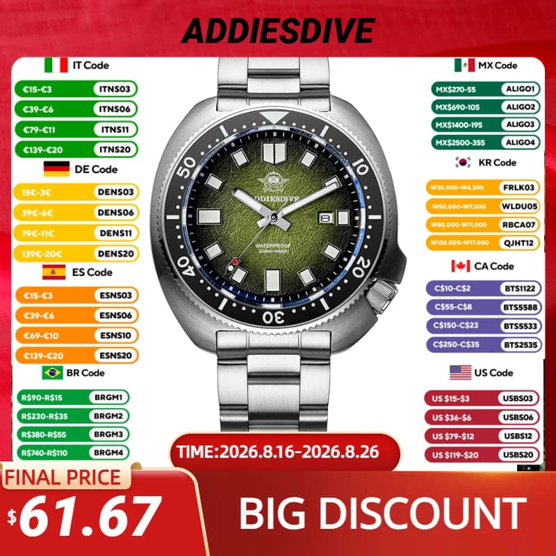 ADDIESDIVE Quartz watches for men Stainless steel Sapphire crystal Male watch Super bright 20Bar Waterproof underwater watch AD2511