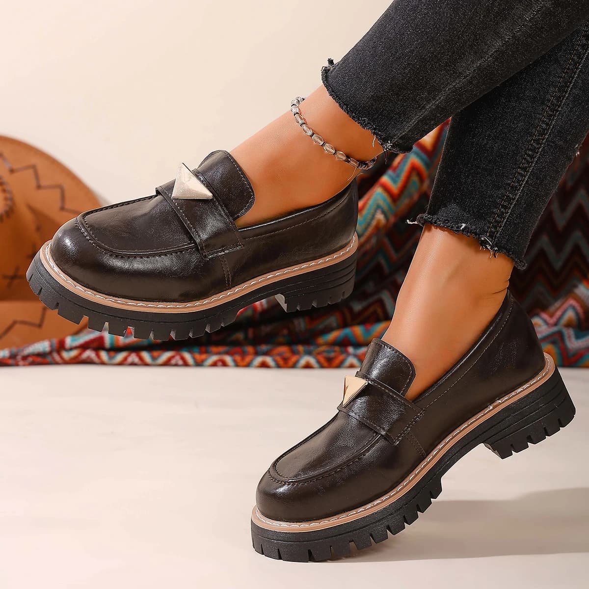 Fashion Platform Mid-heel Pumps Women's British-style Loafers Thick-soled Chunky Heels Metal Buckle Leather Slip-on Casual Shoes