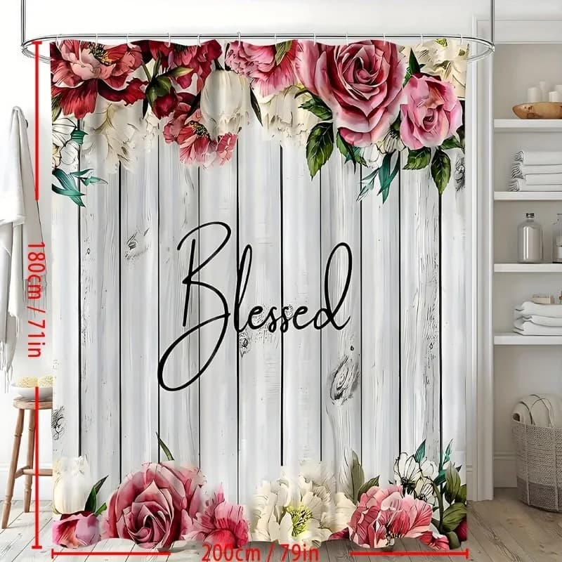 1 tenda da doccia con fiori su sfondo bianco, tenda da doccia impermeabile con 12 ganci, arredamento per il bagno, set di tende da doccia