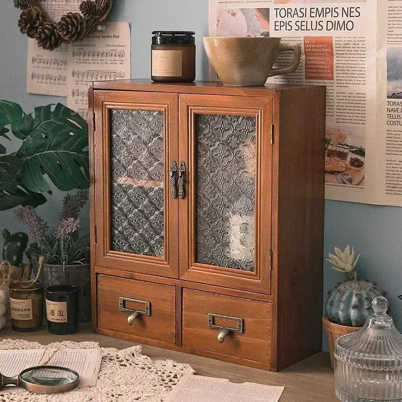 Wood Desktop Organizer Drawer Style Storage Shelf Office Cosmetic Arrangement Double Door Cabinet Japanese Style