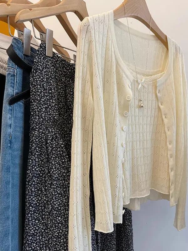 Women's Light Knitted Cardigan Spring Season Sleeveless Outerwear with Strap Dresses Sun Protection Two-Piece Set Knitwear Top