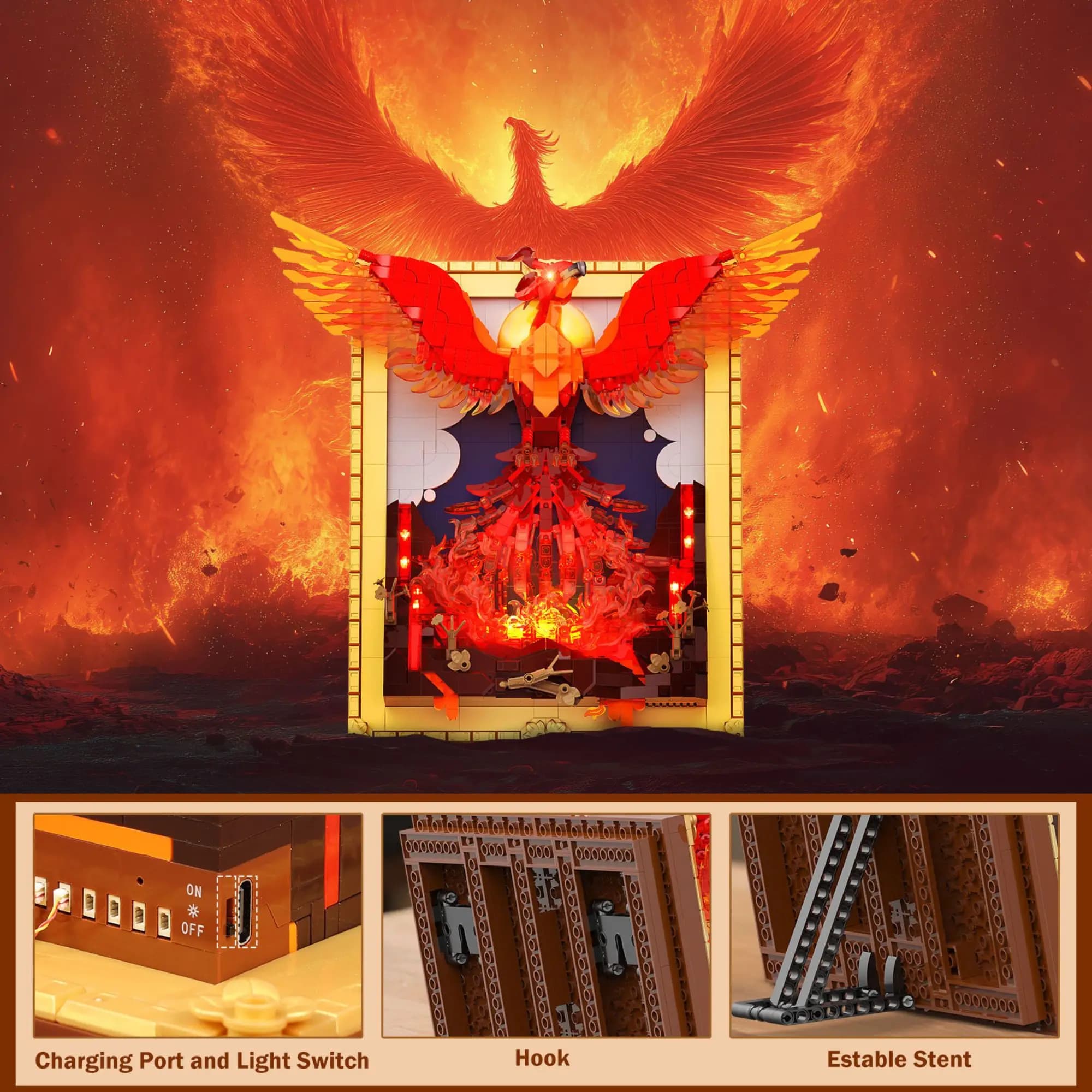 1565PCS Mythical Fire Bird Building Blocks Wall Art Picture Frame DIY Mosaic Bricks Model Desktop Home Decoration Adult Gifts