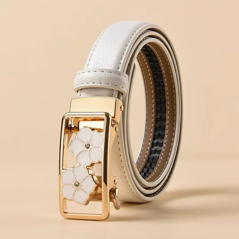 Cintura in Pelle da Donna con Fibbia Automatica, Nuova Moda, Accessorio per Jeans, Fibbia Quadrata con Fiore, Cintura Sottile 2,4 cm