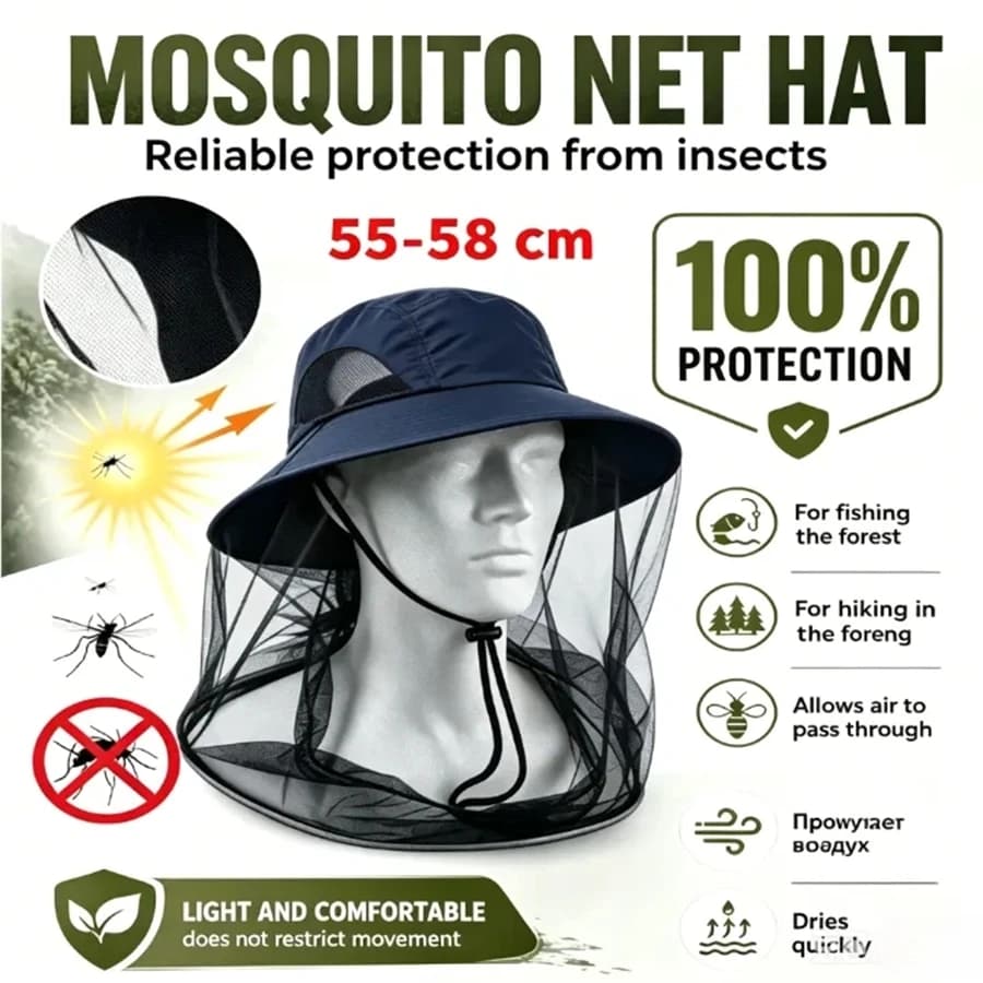 Cappello Antizanzare per la Pesca, Cappello Protettivo Anti-Insetti, Rete Antizanzare per la Testa, Cappello a Rete Completa con Coulisse e Cinghia Antivento, Cappello da Apicoltore