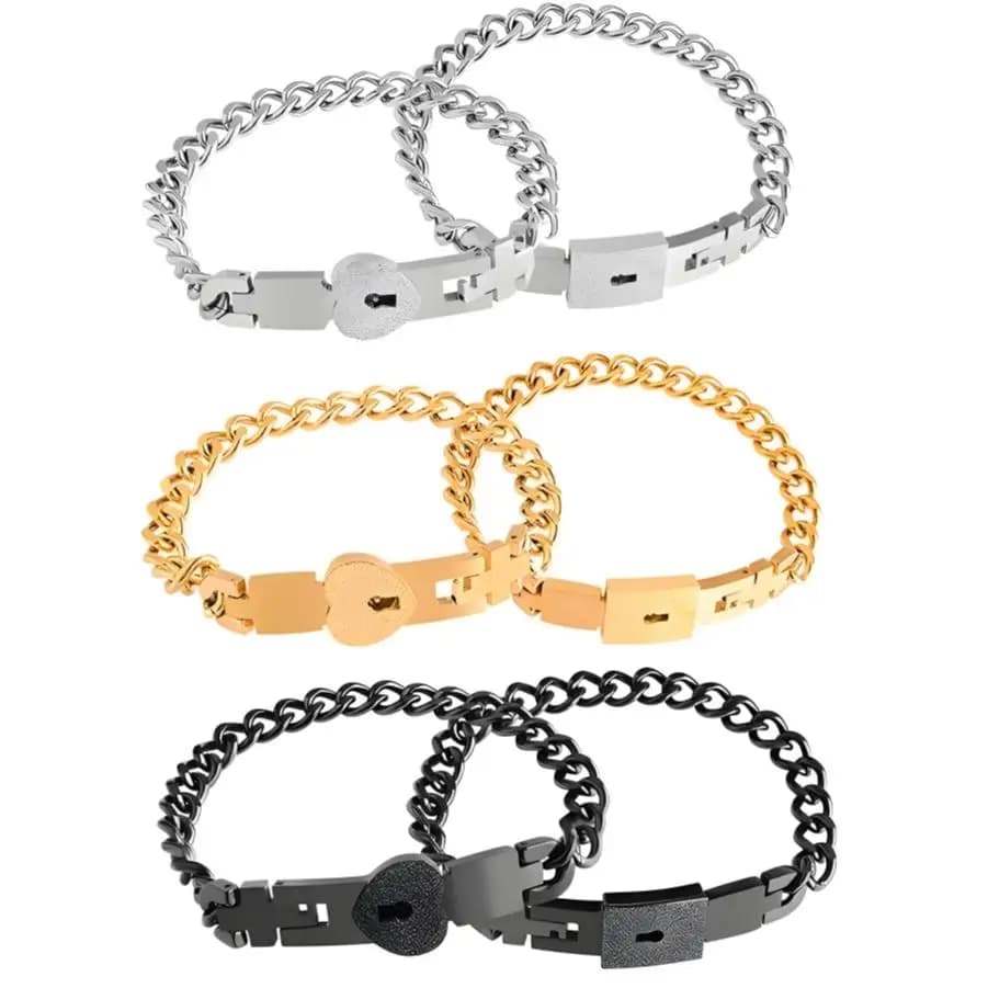 2Pcs Couple Heart Lock Bracelets Set Stainless Steel Lock & Key Bangle Matching Bracelets Valentine Jewelry Gift For Men Women