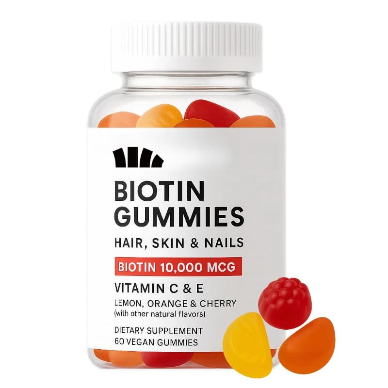 Biotin gommose caramels are gummed to collagen containing keratin, folate, vitamins, used for hair growth, skin and nail supply