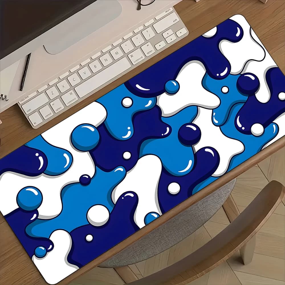 Mouse Mat Desk Mat Blue and White Bubble Theme Mouse Mat with Sewn Edges Keyboard with Non-slip Rubber Base Extended Play Mat