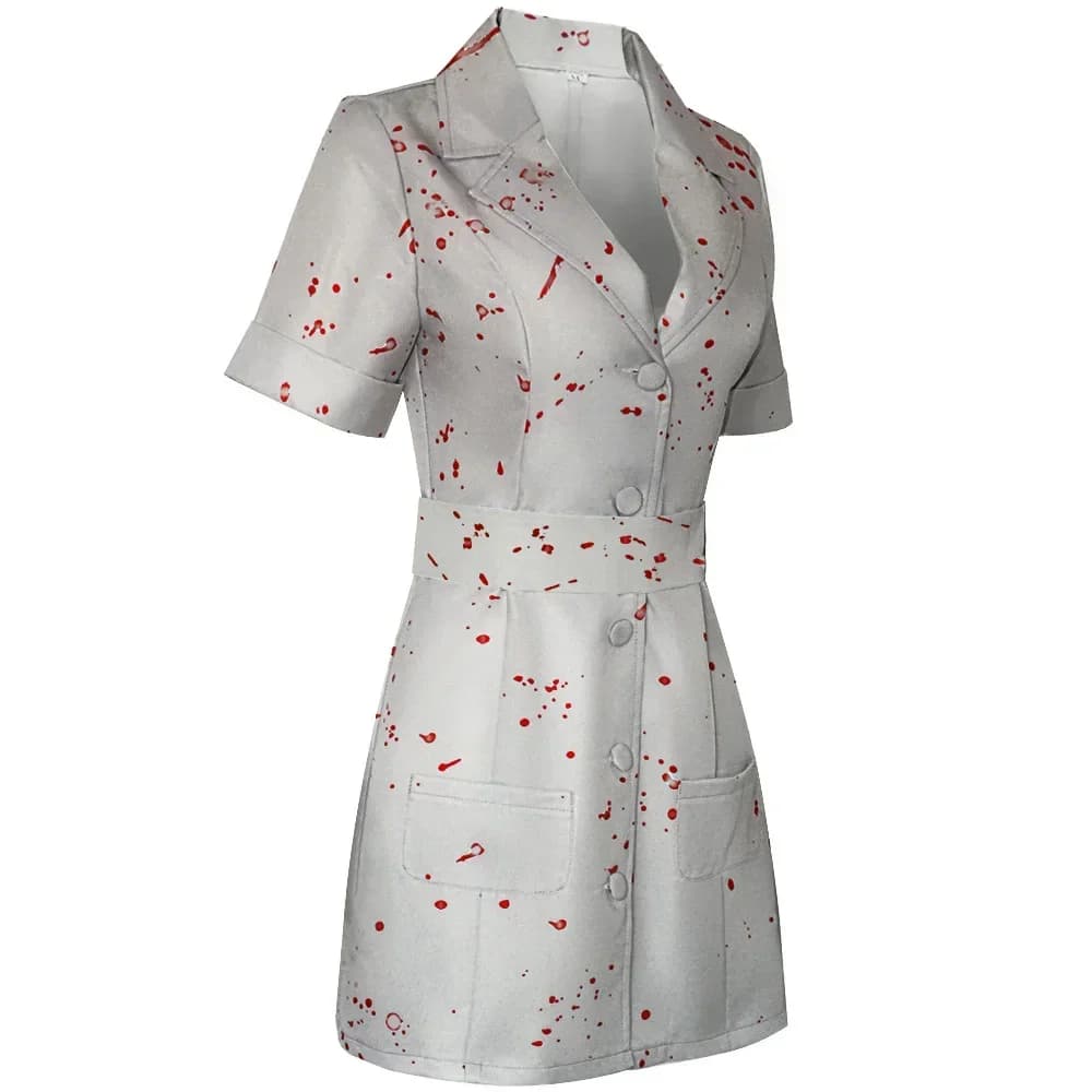 White Bloody Nurse Uniform Women Horror Cosplay Costume Belt Hat Halloween Party Wear