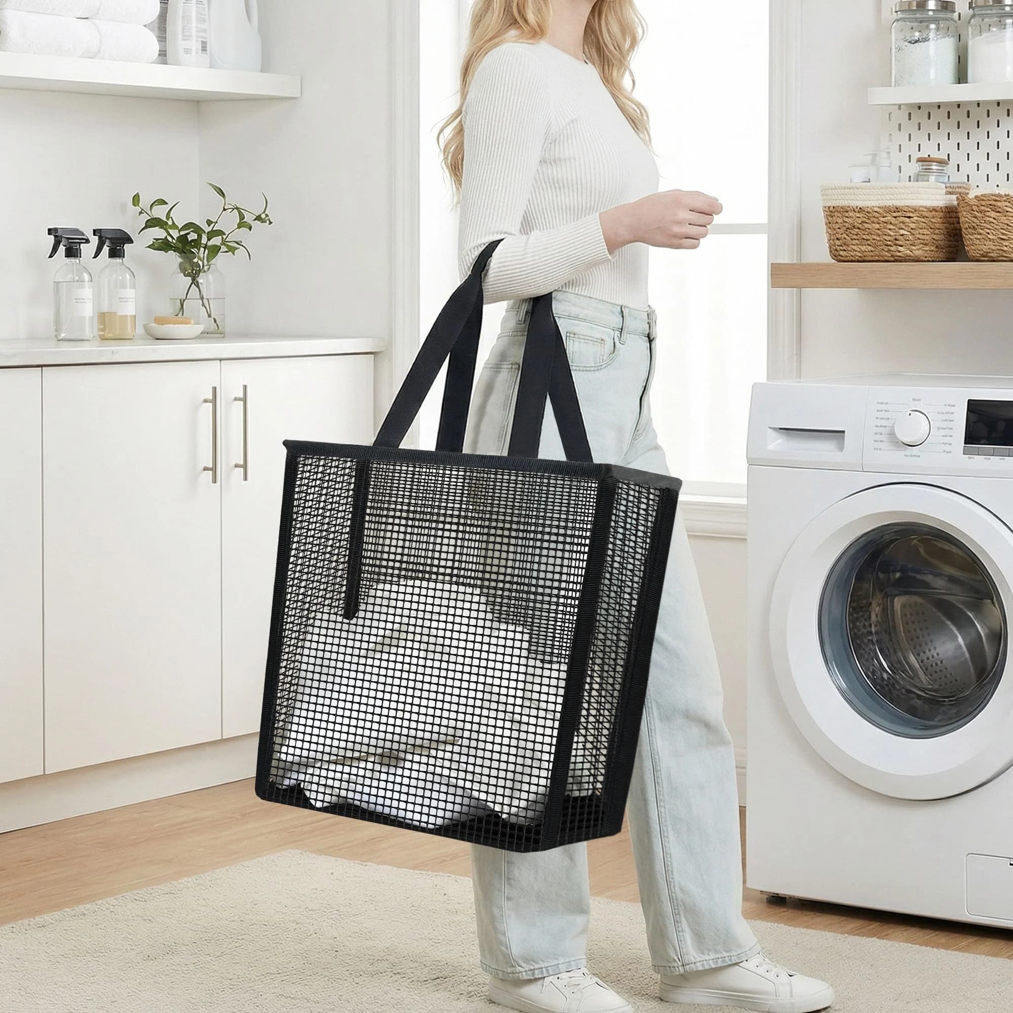 Foldable laundry mesh black basket, 16.9 gallons pop-up laundry clothes basket travel laundry bag Breathable Beach Bag