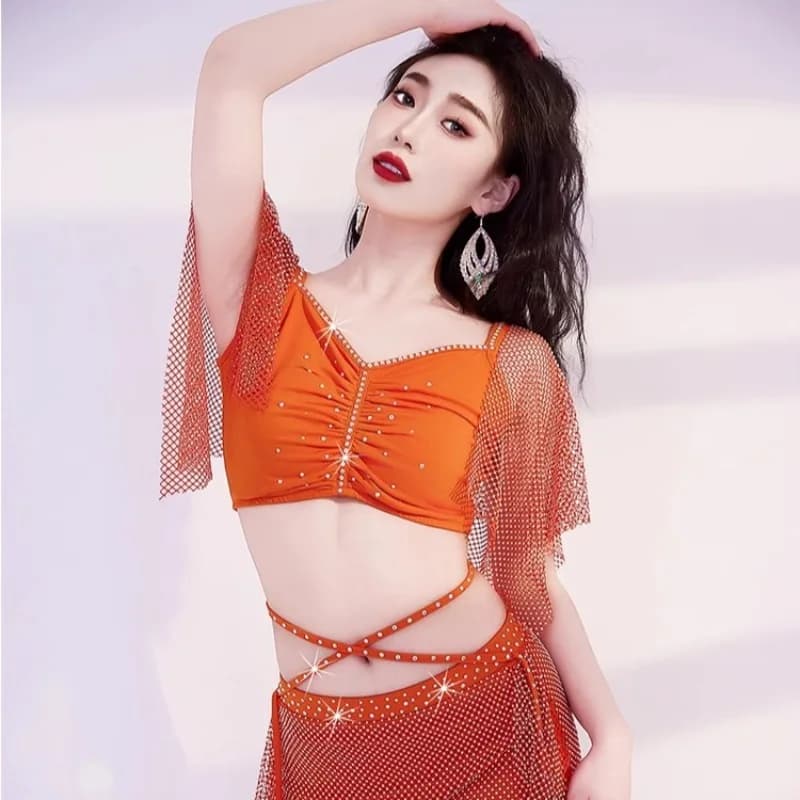 Costumi di danza del ventre personalizzati Set di abiti da spettacolo di danza orientale brillante Abito da pratica Top e gonna in rete