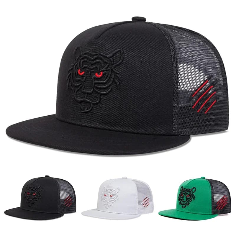 Cappelli unisex con ricamo tigre, stile hip-hop, in rete, per primavera ed estate, regolabili, sportivi, casual, da baseball, con protezione solare.