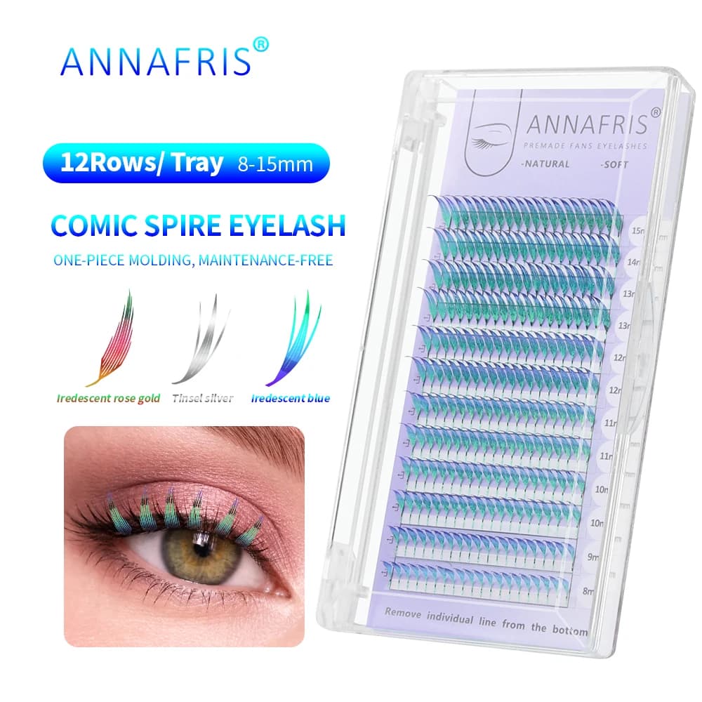 ANNAFRIS Nuove Extension Ciglia Lucide Effetto Comic Spire, Tinsel Anime, Doppia Faccia, Colorate, Premade Fans, Ciglia a Piuma per Trucco e Feste