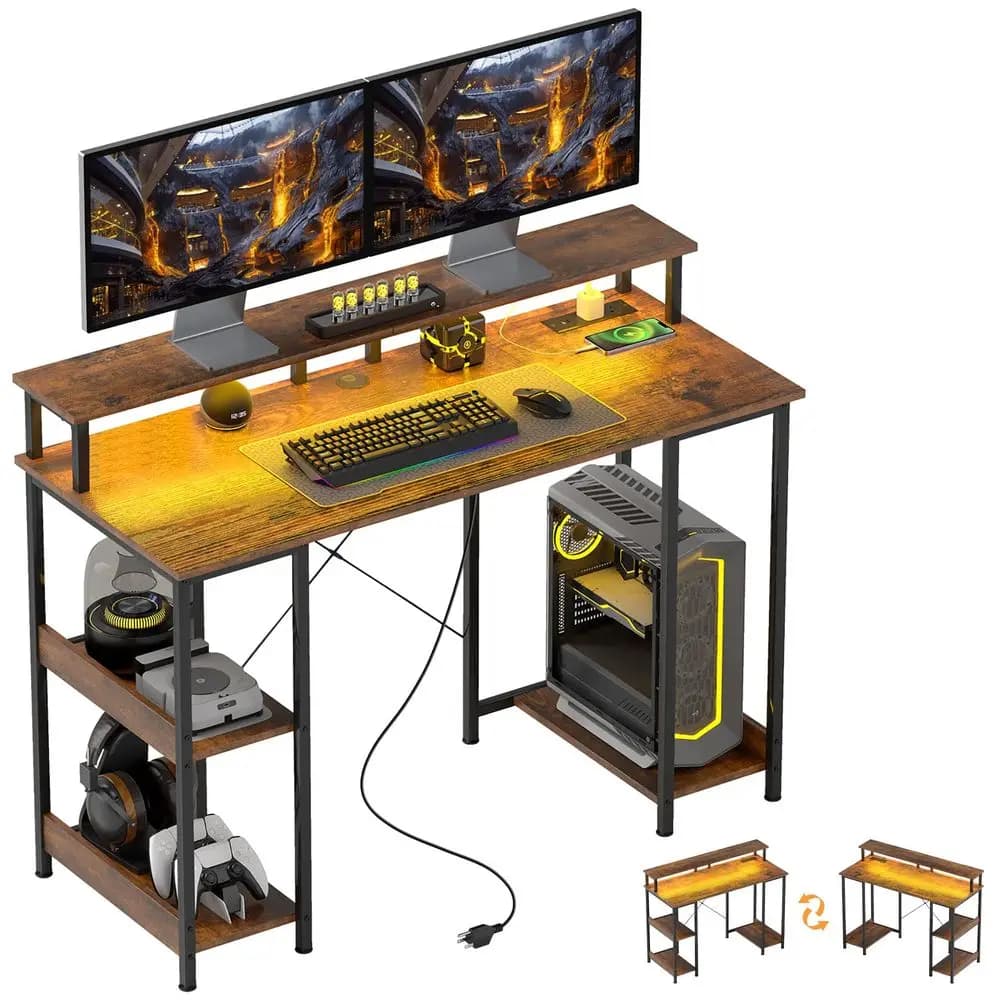Scrivania da Gaming 47 Pollici con Prese di Corrente e Luci LED, Scrivania per Computer Reversibile con Supporto Monitor e Ripiani a 2 Livelli, Organizzazione Cavi