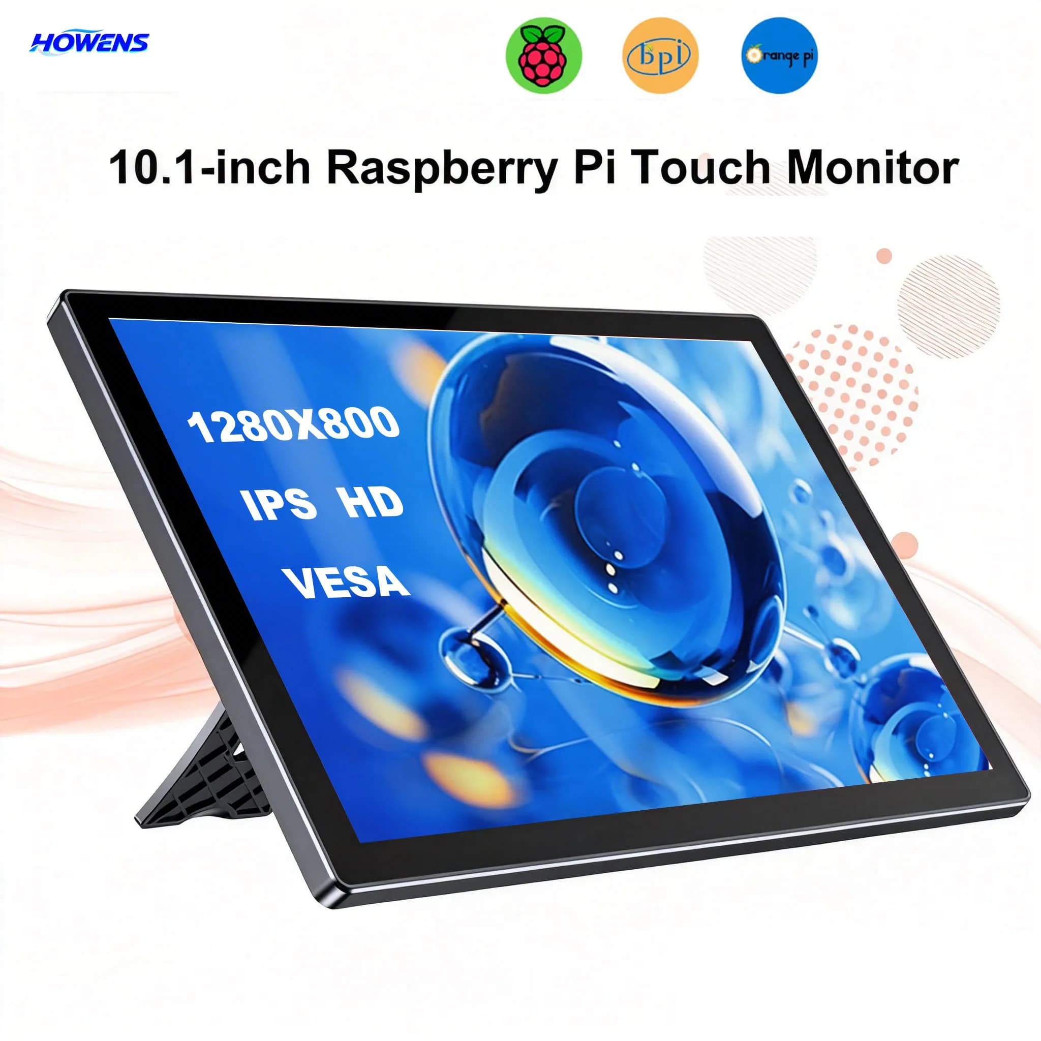 Monitor LCD HOWENS da 10.1 pollici per Raspberry Pi 5/4, display 1280x800 16:10 touchscreen HDMI USB per DIY Pi 4/3 con ventole e altoparlanti integrati