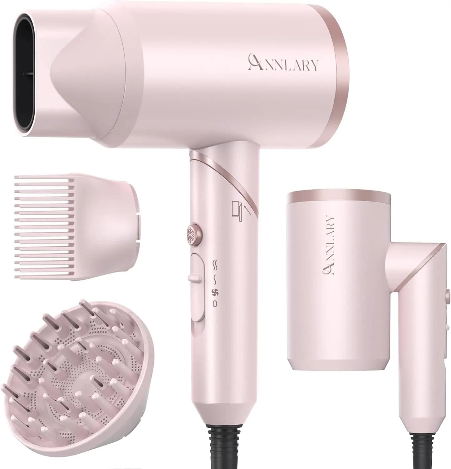Asciugacapelli Ionico 1800W con Pettine e Diffusore per Capelli Ricci, Design Pieghevole da Viaggio, Controllo del Crespo per Tutti i Tipi di Capelli