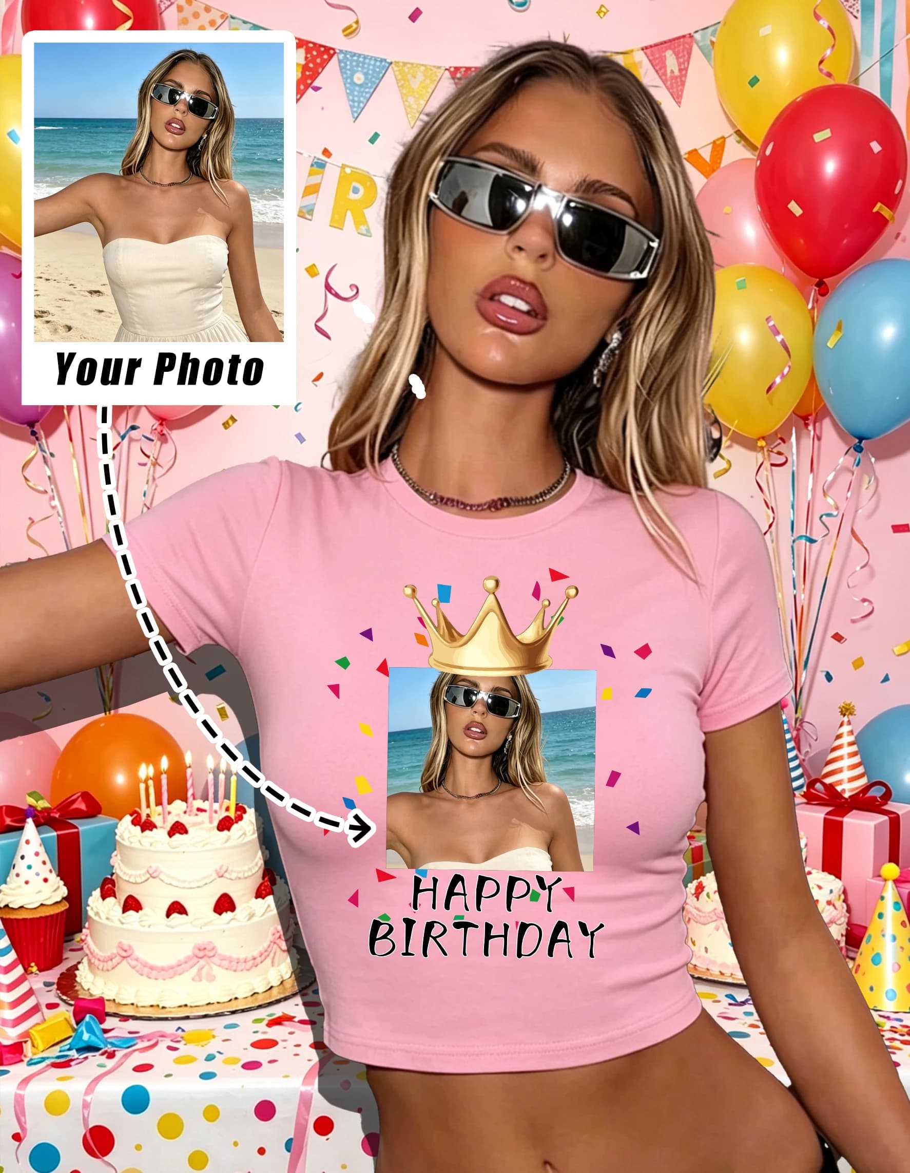 T-shirt Crop Slim da Donna con Logo Grafico Personalizzato, Girocollo Estivo Fresco, Abbigliamento Y2K di Tendenza, alla Moda per Feste di Compleanno