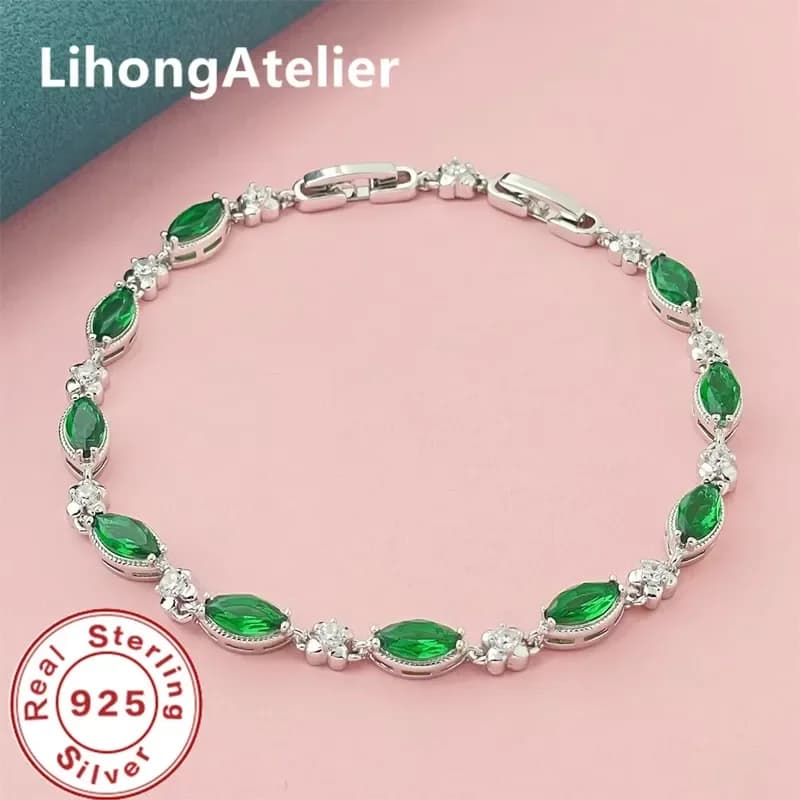 925 Sterling Silver Bracelet Zircon Green Shiny Bracelet Women Party Wedding Jewelry Gift