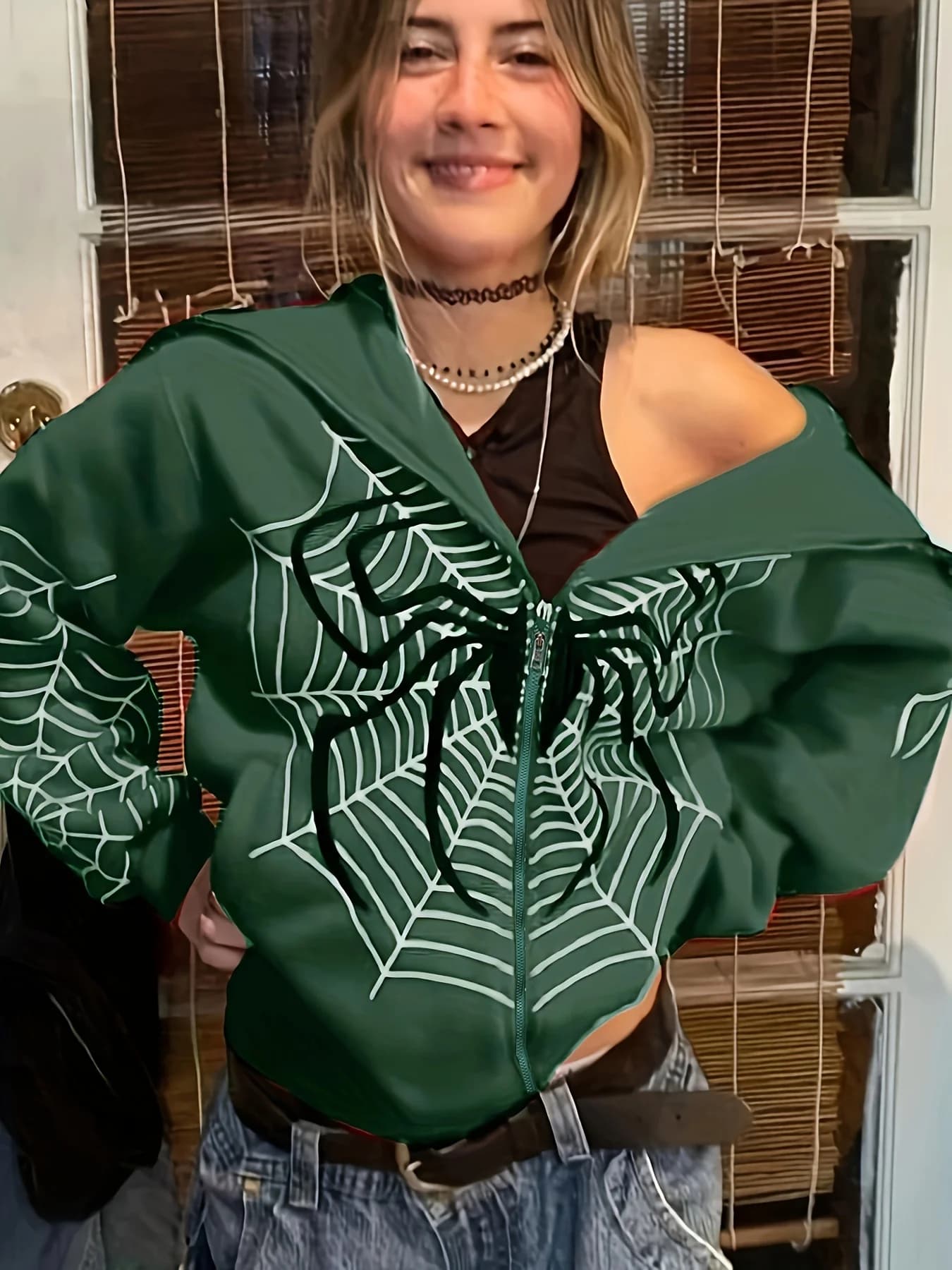 Felpa con cappuccio da donna casual alla moda con stampa a ragnatela, in pile, con cerniera, stile americano, per primavera autunno, modello 2026, stile transfrontaliero