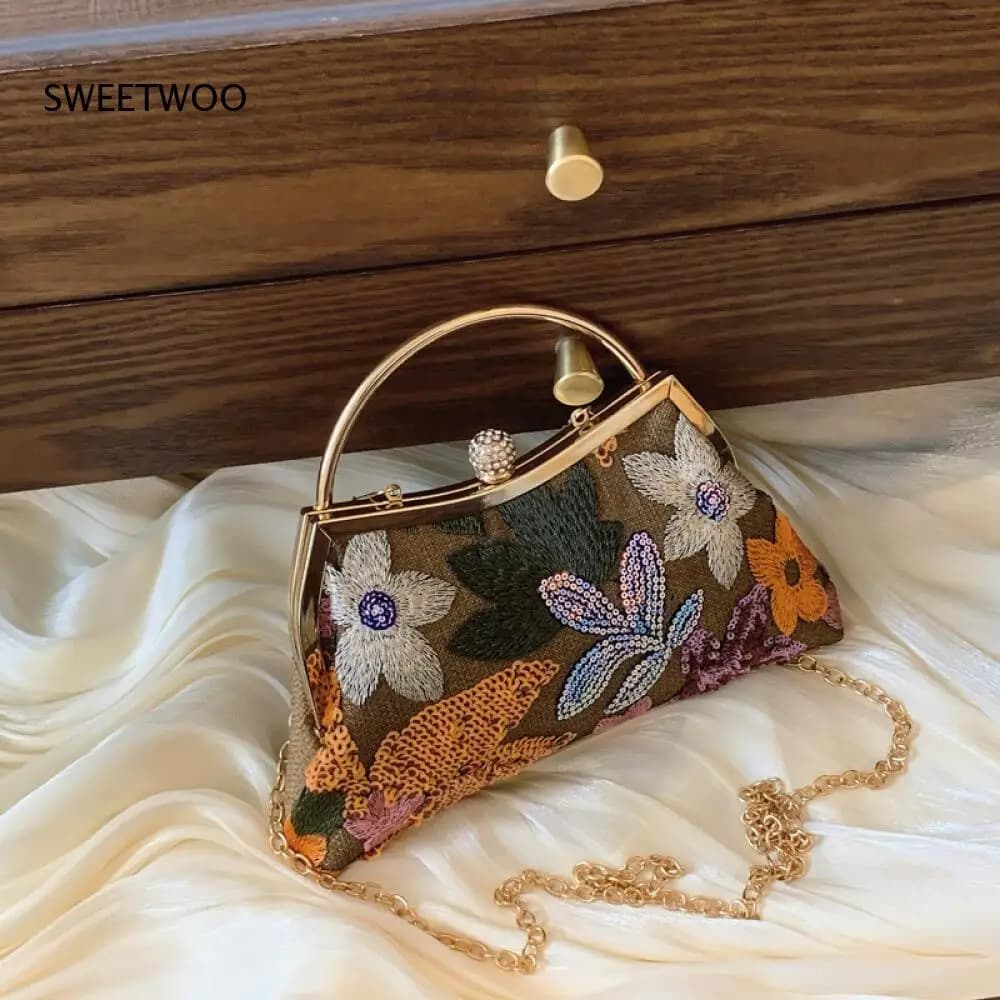 Women Floral Sequin Kiss Lock Clutch Bag With Gold Handle And Detachable Chain Strap Vintage Style Evening Purse For party