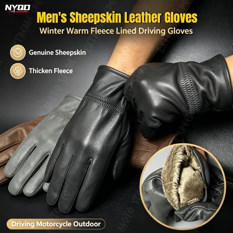 Men's Winter Leather Sheepskin Gloves Velvet Lined Warmth Cold Protection for Outdoor Motorcycle Driving
