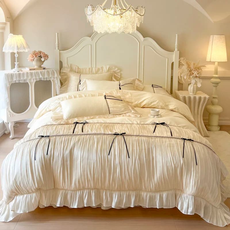 100% cotton french princess lace pleated volant bow set bed linen duvet bed sheet/sheet with corners/jewel bed pillowcase 4 pieces
