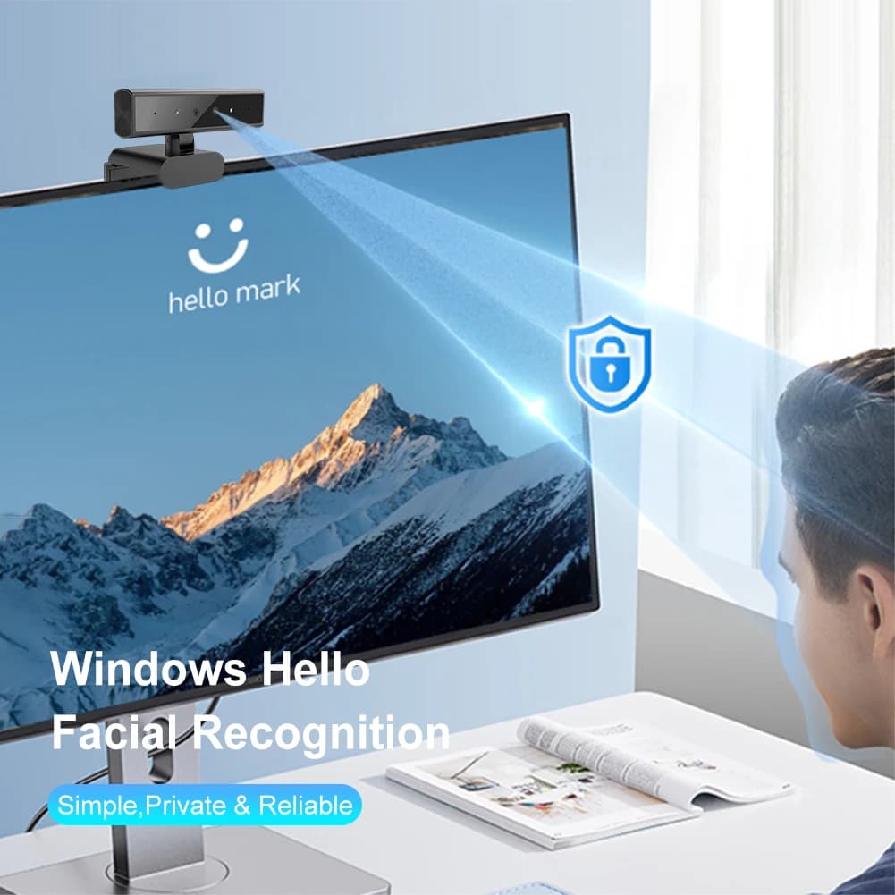 Webcam with Facial Recognition for Windows Hello with Identification Base, Web Camera 5MP 2K for Laptop and Desktop Computer