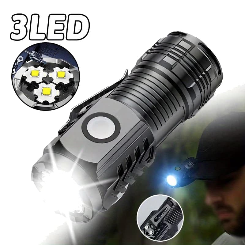 Torcia super luminosa a 3 LED Mini torcia flash portatile a scoppio Faretto di emergenza esterno ricaricabile tramite USB con lanterna con clip per penna