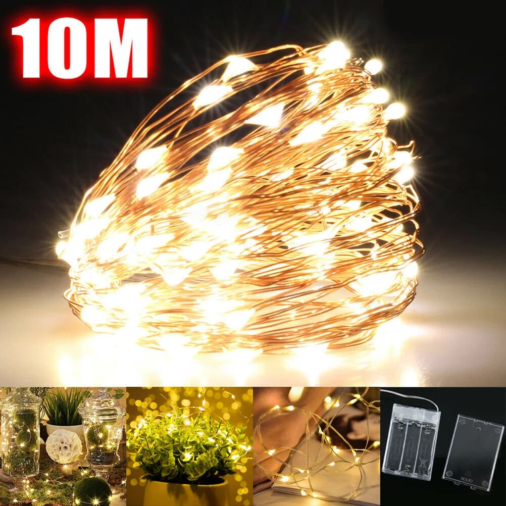 Lampada in filo di rame 10M Luci da fata a LED Lampada in filo di rame alimentata a batteria Decorazioni natalizie impermeabili Luci da fata a LED