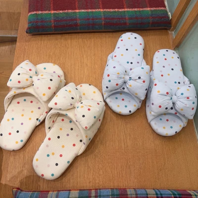 Kawaii Women Slippers Polka Dot Soft Cloth Sole Silent Non‑Slip Indoor Home Slippers for Wooden Floors