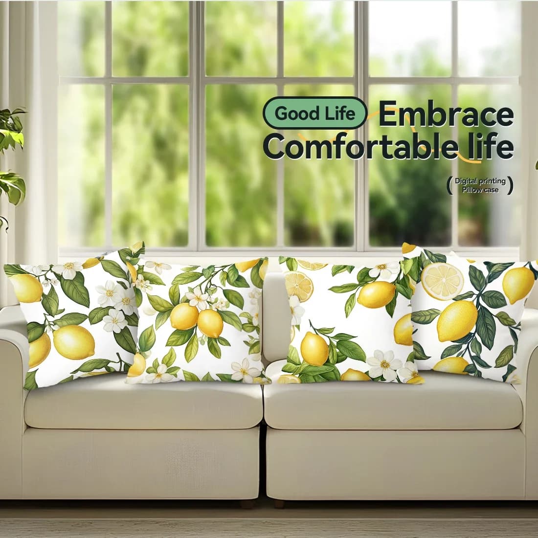 4 Pcs Lemons And Flowers Single-sided Printed Pillowcase Cushion Cover,suitable For Living Room,bedroom,car Decoration