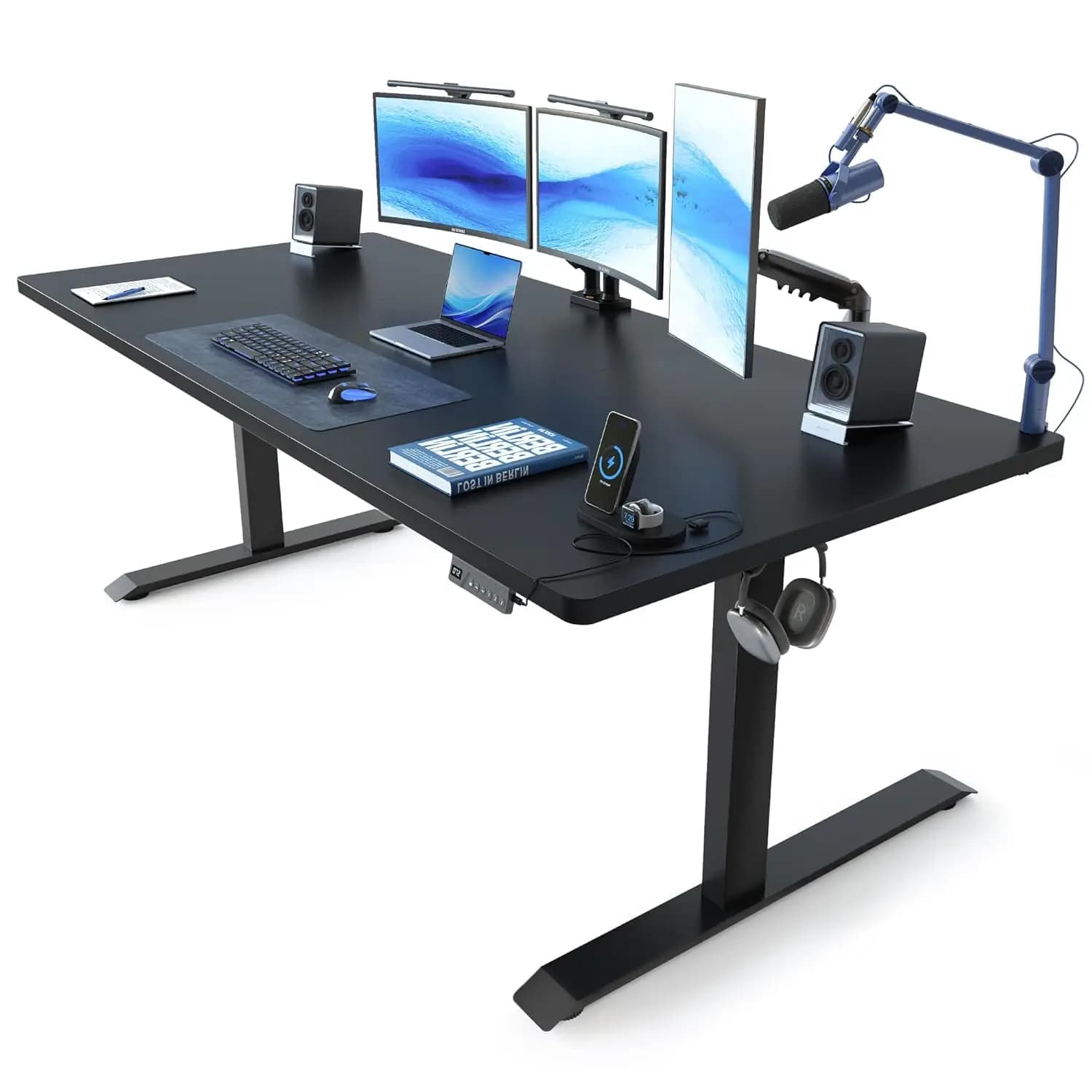 Scrivania Elettrica Regolabile in Altezza 63x37 con Memoria, Doppio Telaio, Gestione Cavi, per Ufficio Domestico, Piano in 3 Pezzi da 1 Pollice, Nera Personalizzabile