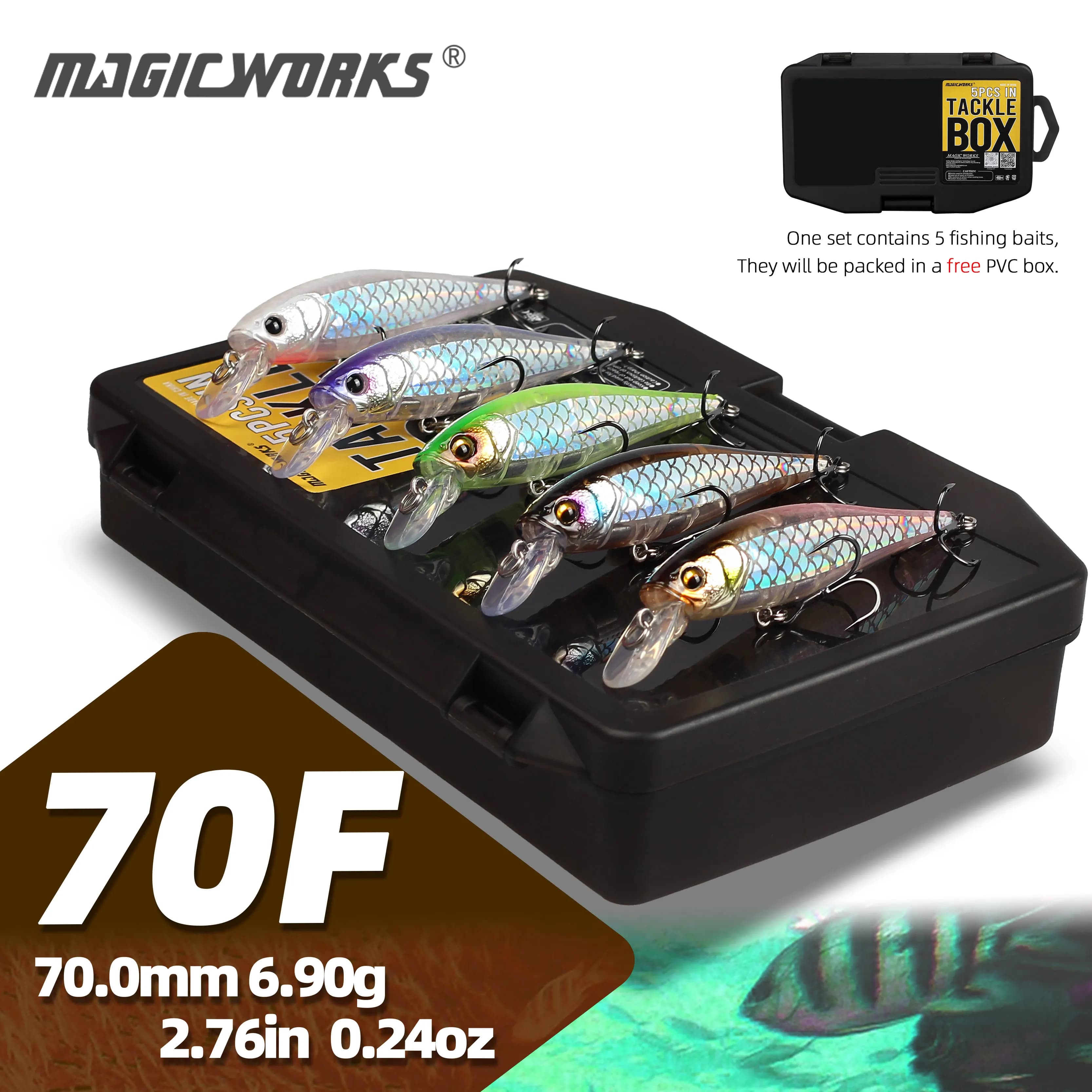Magic Works Set di 5 Esche da Pesca Minnow al Miglior Prezzo, Jerkbait per Luccio, Wobbler Galleggiante 70mm 6.9g, Esche Rigide per Persico e Trota