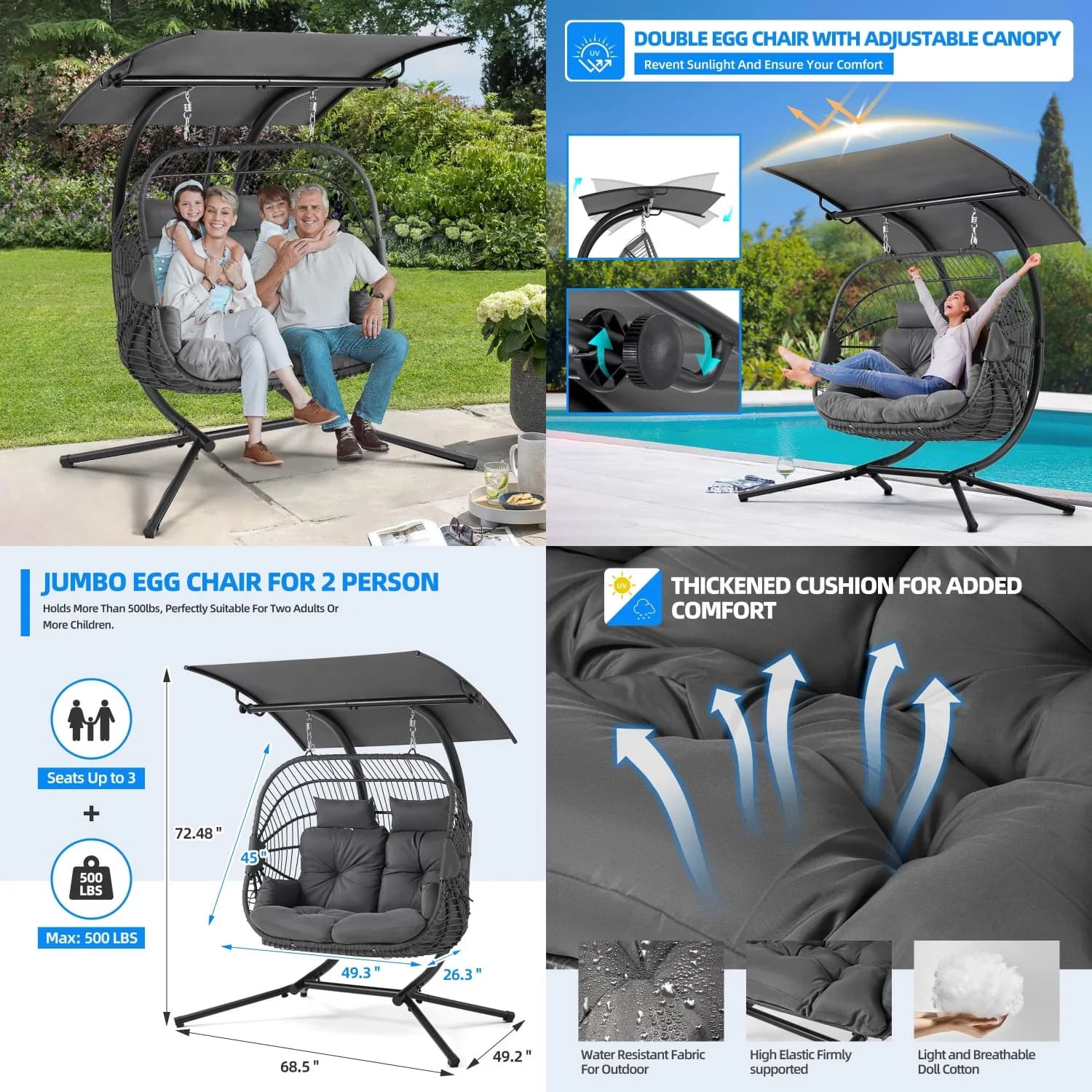 Sedia a dondolo doppia a forma di uovo, sovradimensionata, con cuscino e tettuccio regolabile, per patio, balcone, giardino, esterno, personalizzabile