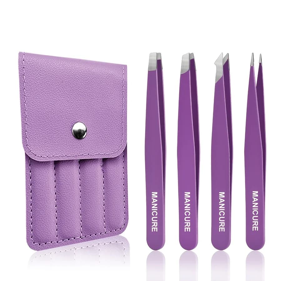 Set di 4 Pinzette per Sopracciglia in Acciaio Inossidabile Viola, per Extension Ciglia e Rimozione Peli, Strumenti per il Trucco
