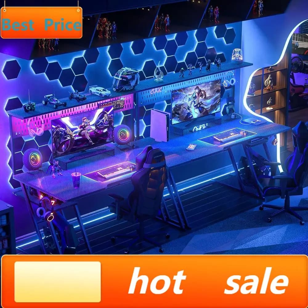 Scrivania da Gaming Nera Illuminata a LED 53 con Spazio di Archiviazione e Pannello Forato Reversibile per Uso Ergonomico