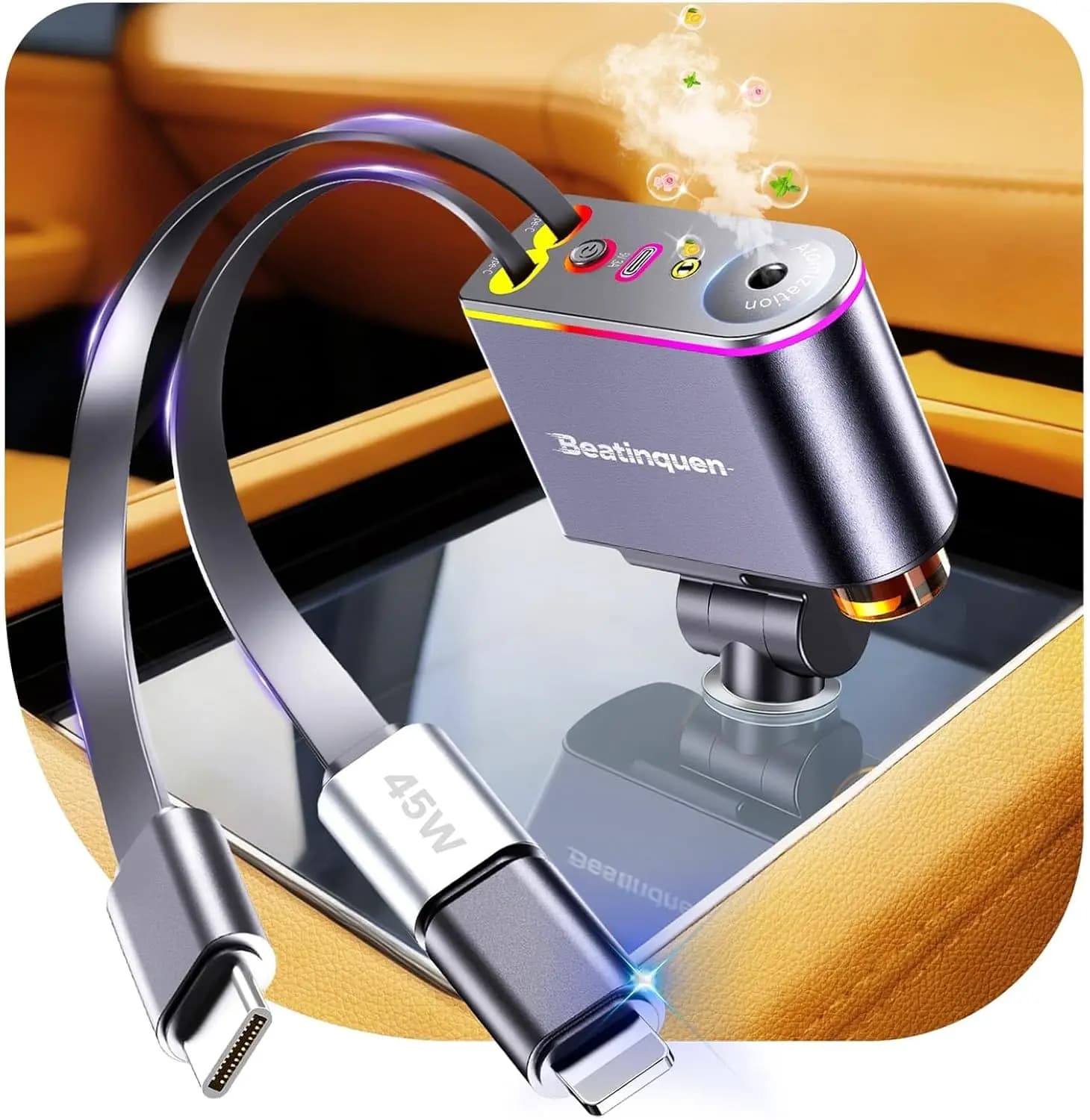 5 in 1 Retractable Car Charger USB C,Smart Car Air Freshener Diffuser | Charging Retractable Car Phone Charger with aromatherapy diffusers,66W Cigarette Lighter Adapter Type-C for iPhone17/16/15/14